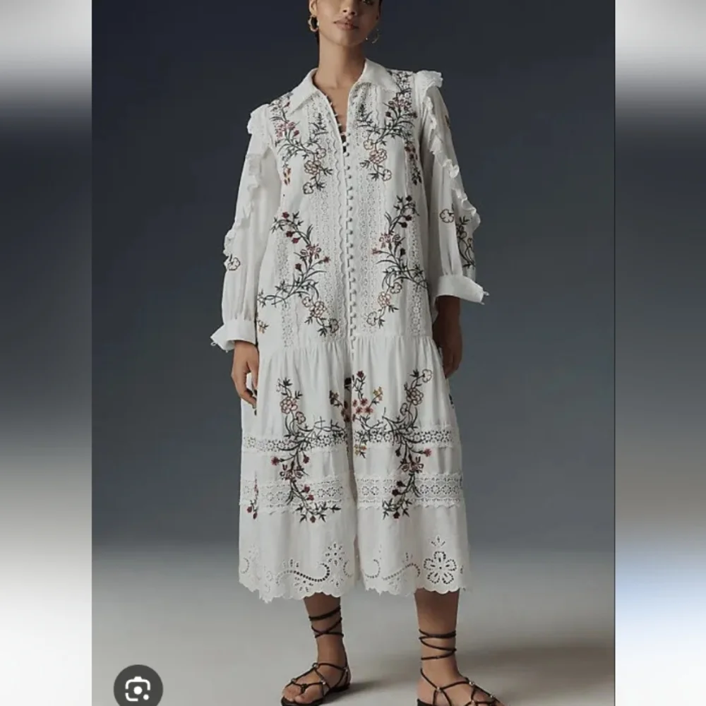 Anthropoligie Embroidered Floral Eyelet Ruffle and Crotchet Midi Dress Sz-L